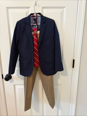 Boy’s J.Crew Crewcuts Navy Blazer Khaki Pants & Red Stripe Tie 3-Pc Outfit